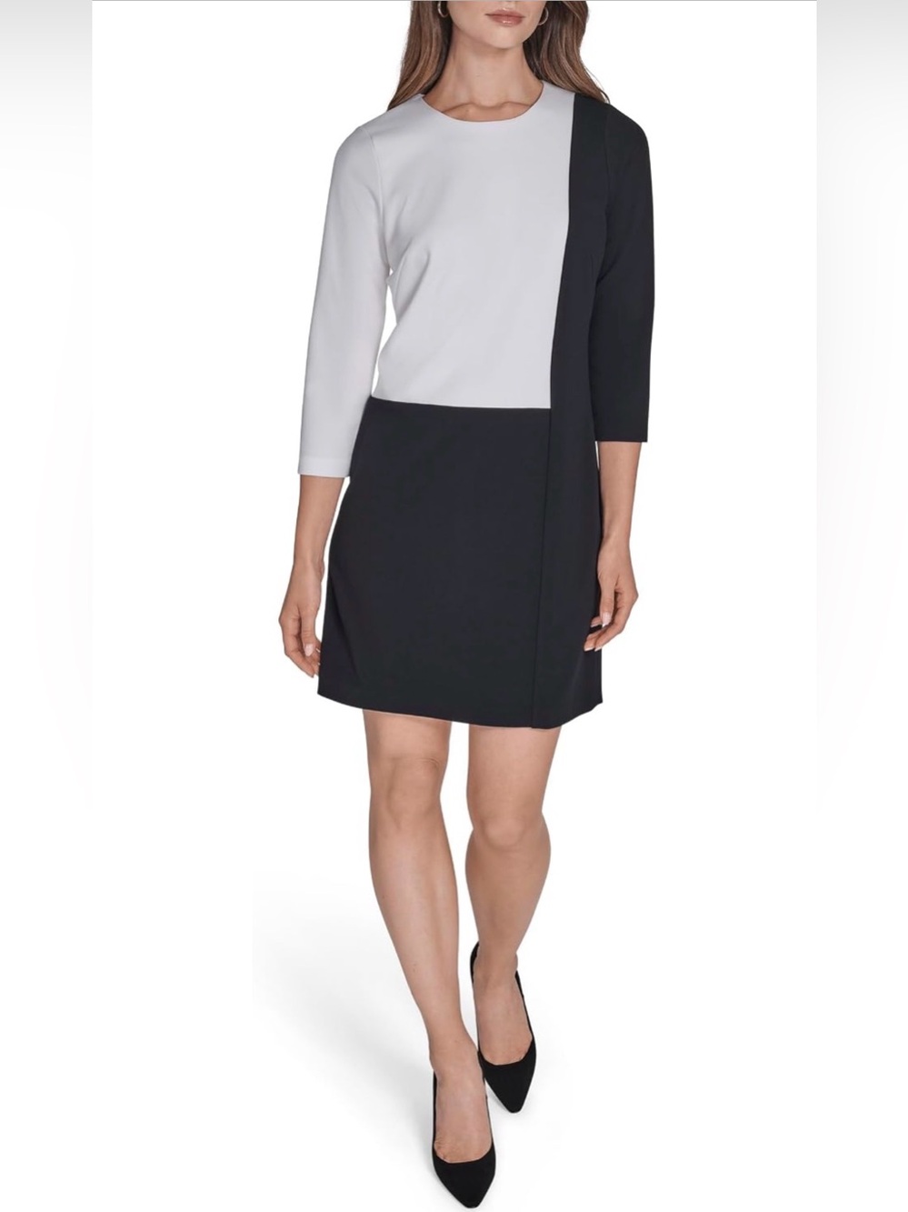 HALSTON H Women's 3/4 Sleeve Round Neck Knee Length Dress, Blk/Cream